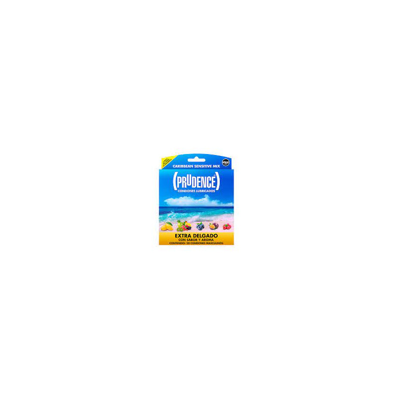 PRUDENCE SENSITIVOS CONDONES CON SABOR COLOR AROMA CARIBEAN MIX DE 20 PIEZAS