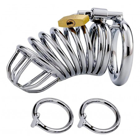 Jaula de castidad hombre de metal con candado mini y anillo de fijación