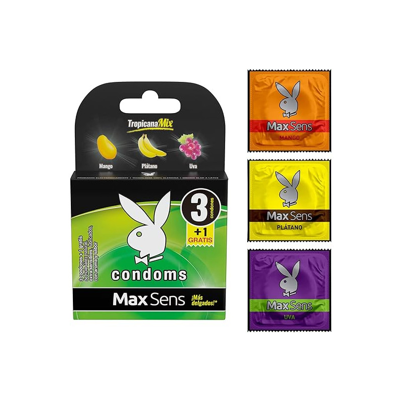 CONDONES TROPICANA MIX PLAYBOY EXTRA DELGADOS  MAX SENS  MANGO PLATANO Y UVA 3 PIEZAS