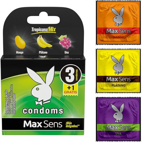 CONDONES TROPICANA MIX PLAYBOY EXTRA DELGADOS  MAX SENS  MANGO PLATANO Y UVA 3 PIEZAS